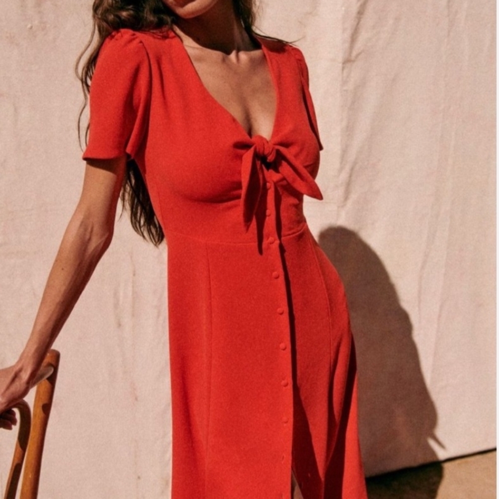 Sezane Ophelia Elegant Coral Red Tie-Front Dress